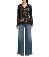 JOHNNY WAS Adela Embroidered V-Neck Long Sleeve Tee