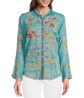 JOHNNY WAS Allbee Embroidered Floral Geometric Print Ruffle Banded Collar Long Sleeve Button Front Scallop Hem Blouse