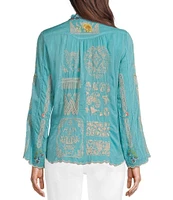 JOHNNY WAS Allbee Embroidered Floral Geometric Print Ruffle Banded Collar Long Sleeve Button Front Scallop Hem Blouse