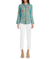 JOHNNY WAS Allbee Embroidered Floral Geometric Print Ruffle Banded Collar Long Sleeve Button Front Scallop Hem Blouse