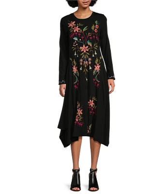 JOHNNY WAS Amarylla Embroidered Floral Knit Crew Neck Long Sleeve Handkerchief Midi Dress