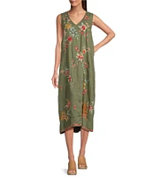 JOHNNY WAS Andrean Embroidered Floral & Tiger Motif Linen V-Neck Sleeveless Coordinating Midi Shift Dress