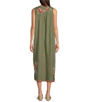 JOHNNY WAS Andrean Embroidered Floral & Tiger Motif Linen V-Neck Sleeveless Coordinating Midi Shift Dress