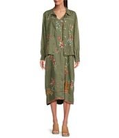 JOHNNY WAS Andrean Embroidered Floral & Tiger Motif Linen V-Neck Sleeveless Coordinating Midi Shift Dress