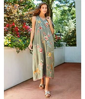 JOHNNY WAS Andrean Embroidered Floral & Tiger Motif Linen V-Neck Sleeveless Coordinating Midi Shift Dress