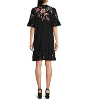 JOHNNY WAS Andrean Placement Floral Embroidery Knit Jersey Round Neck Short Sleeve Shift Dress