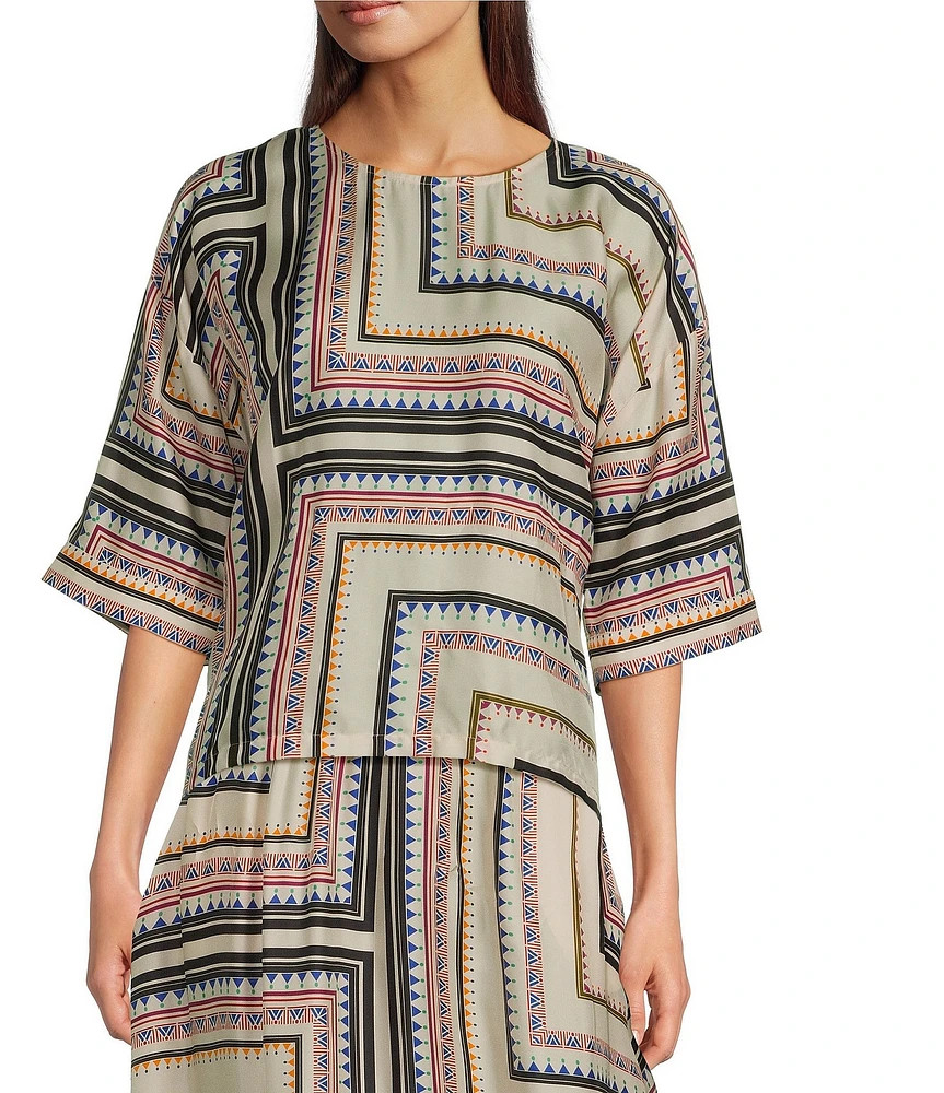 JOHNNY WAS Arden Geometric Printed Silk-Blend Round Neck Short Sleeve Coordinating Blouse