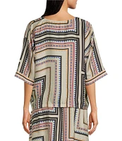 JOHNNY WAS Arden Geometric Printed Silk-Blend Round Neck Short Sleeve Coordinating Blouse