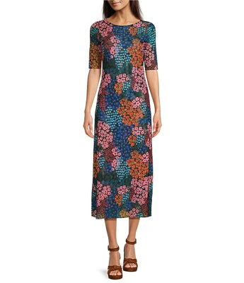 JOHNNY WAS Astrid Mesh Floral Print Crew Neck Short Sleeve Midi Dress