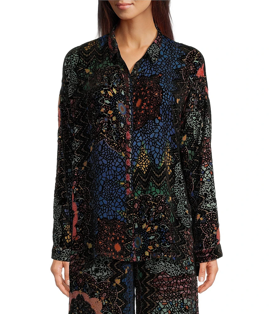 JOHNNY WAS Audrey Patchwork Print Burnout Velvet Point Collar Button Front Long Sleeve Blouse