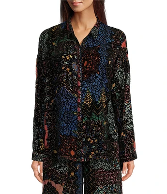 JOHNNY WAS Audrey Patchwork Print Burnout Velvet Point Collar Button Front Long Sleeve Blouse