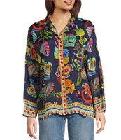 JOHNNY WAS Audrey Silk Farout Boho Floral Scarf Print V-Neck Long Roll Tab Sleeve Button Front Shirt