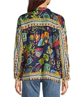 JOHNNY WAS Audrey Silk Farout Boho Floral Scarf Print V-Neck Long Roll Tab Sleeve Button Front Shirt