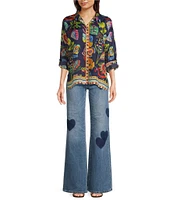 JOHNNY WAS Audrey Silk Farout Boho Floral Scarf Print V-Neck Long Roll Tab Sleeve Button Front Shirt