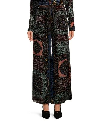 JOHNNY WAS Axelle Burnout Velvet Patchwork Print Wide Leg Pull-On Pants