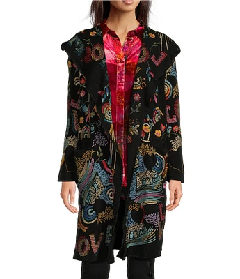 JOHNNY WAS Biya Floral Mixed Placement Print Embroidered Knit Long Sleeve Pocketed Open-Front Hooded Jacket