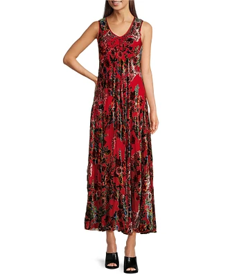 JOHNNY WAS Burnout Velvet Animal Motif V-Neck Sleeveless A-Line Maxi Dress