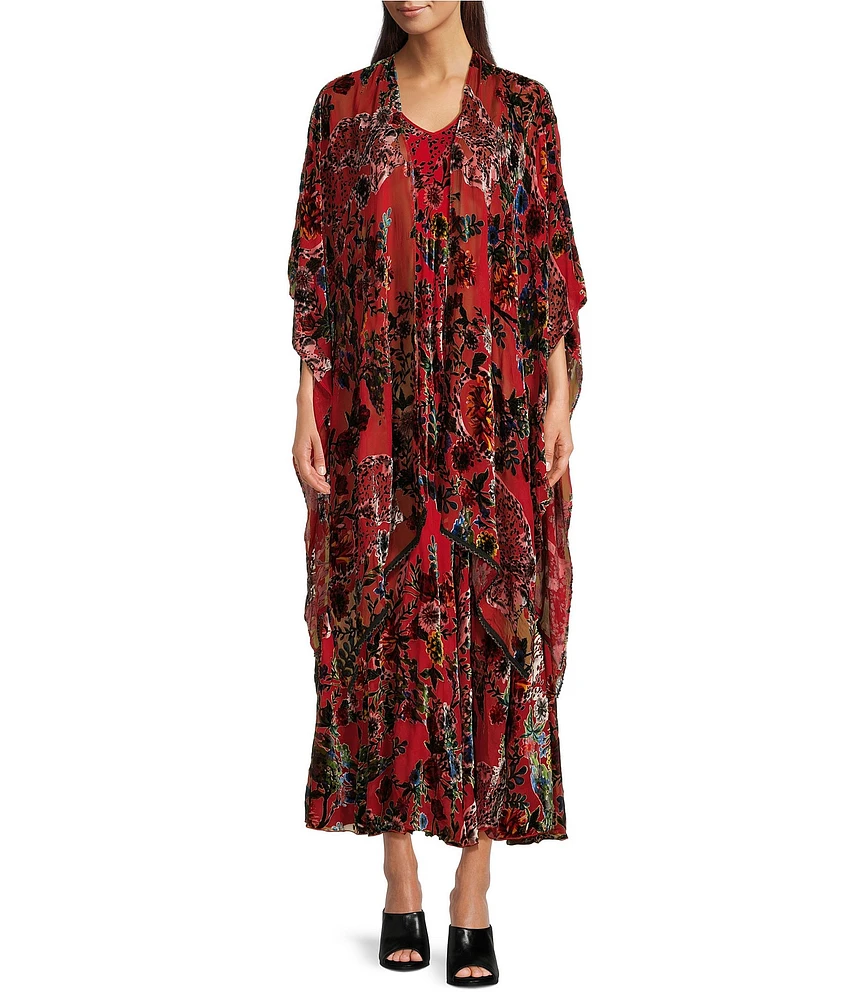 JOHNNY WAS Burnout Velvet Printed 3/4 Sleeve Open-Front Kimono