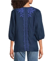 JOHNNY WAS Camille Embriordered Linen Split V-Neck 3/4 Puff Sleeve Blouse