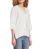 JOHNNY WAS Camille Embriordered Linen Split V-Neck 3/4 Puff Sleeve Blouse