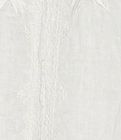 JOHNNY WAS Camille Embriordered Linen Split V-Neck 3/4 Puff Sleeve Blouse