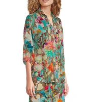 JOHNNY WAS Cathryn Nutro Meadow Floral Print V-Neck 3/4 Sleeve Coordinating Blouse