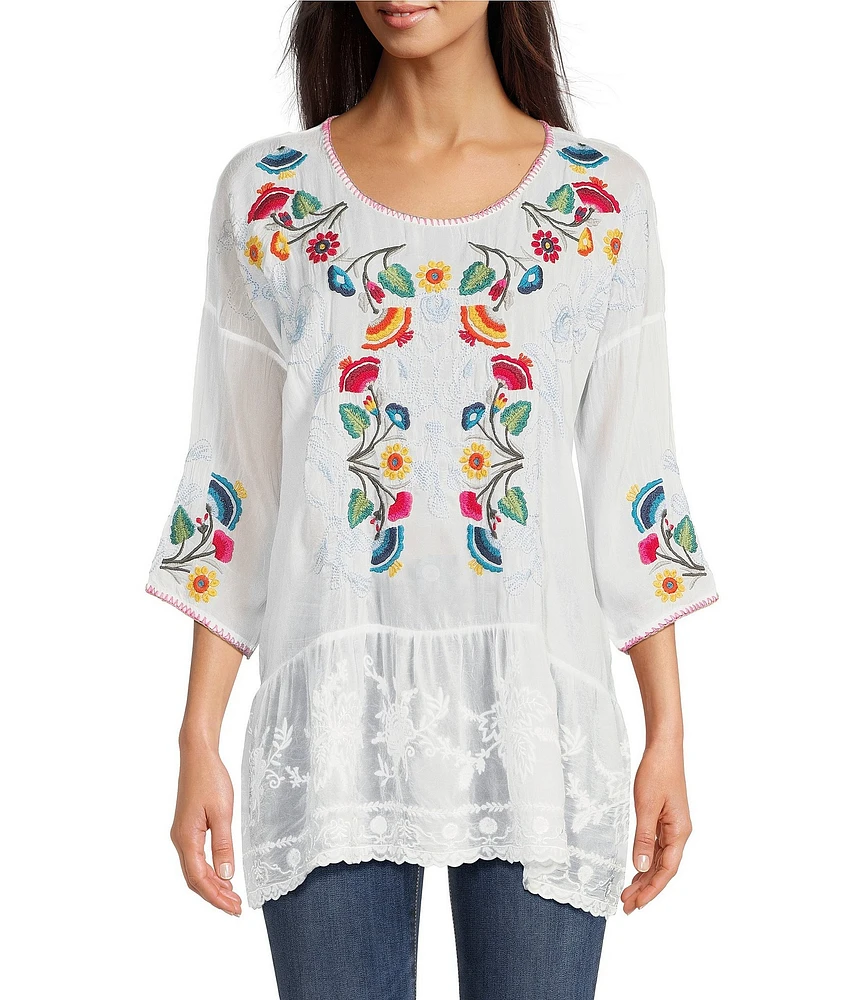 JOHNNY WAS Cherie Floral Embroidery Crew Neck 3/4 Sleeve Sheer Tunic