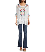 JOHNNY WAS Cherie Floral Embroidery Crew Neck 3/4 Sleeve Sheer Tunic