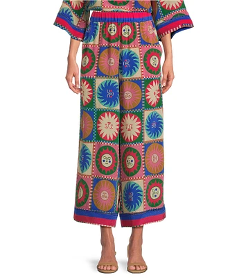 JOHNNY WAS Coordinating Silk Geometric Sun Tile Print Pull-On Wide Leg Crop Pants