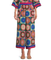 JOHNNY WAS Coordinating Silk Geometric Sun Tile Print Pull-On Wide Leg Crop Pants