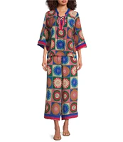 JOHNNY WAS Coordinating Silk Geometric Sun Tile Print Pull-On Wide Leg Crop Pants