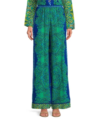 JOHNNY WAS Coordinating Villa Printed Silk Wide Leg Pull-On Pants