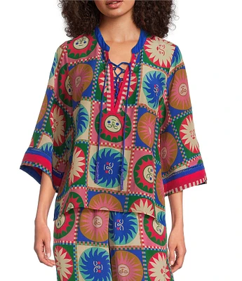 JOHNNY WAS Coordinating Villa Silk Tile Geometric Sun Print Split Lace-Up V-Neck 3/4 Sleeve Blouse