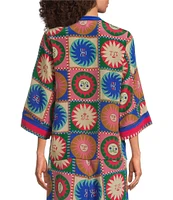 JOHNNY WAS Coordinating Villa Silk Tile Geometric Sun Print Split Lace-Up V-Neck 3/4 Sleeve Blouse