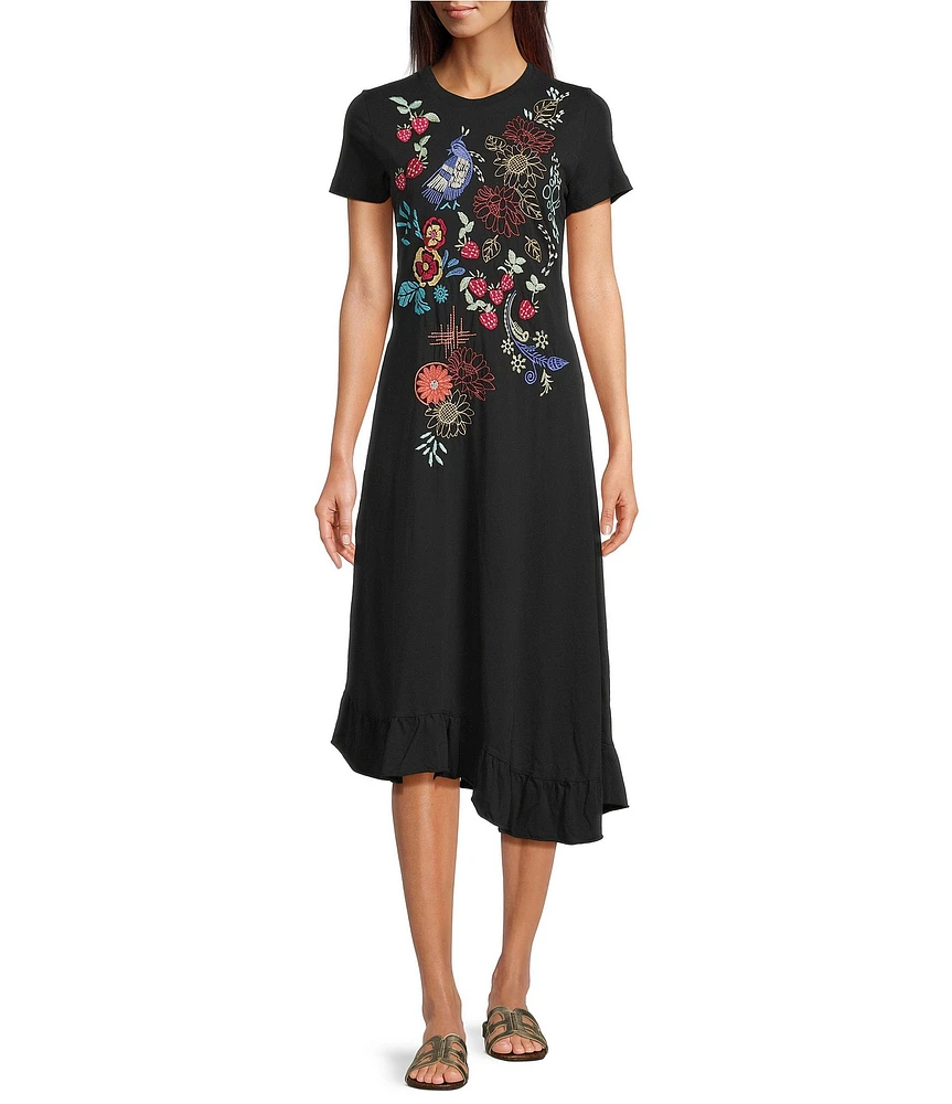 JOHNNY WAS Cora Embroidered Floral Knit Crew Neck Short Sleeve Asymmetrical Ruffle Hem Dress