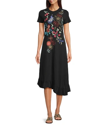 JOHNNY WAS Cora Embroidered Floral Knit Crew Neck Short Sleeve Asymmetrical Ruffle Hem Dress