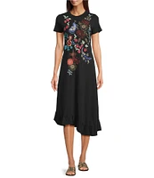 JOHNNY WAS Cora Embroidered Floral Knit Crew Neck Short Sleeve Asymmetrical Ruffle Hem Dress