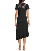 JOHNNY WAS Cora Embroidered Floral Knit Crew Neck Short Sleeve Asymmetrical Ruffle Hem Dress