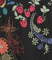JOHNNY WAS Cora Embroidered Floral Knit Crew Neck Short Sleeve Asymmetrical Ruffle Hem Dress