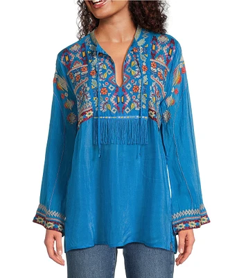 JOHNNY WAS Coriander Embroidered Cupro Split V-Neck Long Sleeve Tunic