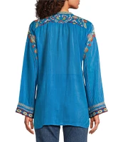 JOHNNY WAS Coriander Embroidered Cupro Split V-Neck Long Sleeve Tunic