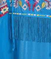 JOHNNY WAS Coriander Embroidered Cupro Split V-Neck Long Sleeve Tunic