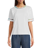 JOHNNY WAS Crochet Trim Crew Neck Short Sleeve Cotton Knit Tee