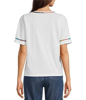 JOHNNY WAS Crochet Trim Crew Neck Short Sleeve Cotton Knit Tee