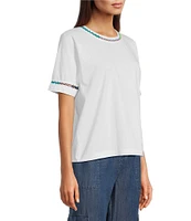 JOHNNY WAS Crochet Trim Crew Neck Short Sleeve Cotton Knit Tee