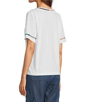 JOHNNY WAS Crochet Trim Crew Neck Short Sleeve Cotton Knit Tee