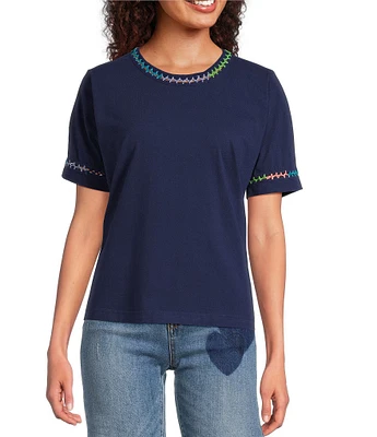JOHNNY WAS Crochet Trim Crew Neck Short Sleeve Cotton Knit Tee