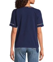 JOHNNY WAS Crochet Trim Crew Neck Short Sleeve Cotton Knit Tee