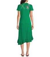 JOHNNY WAS Embroidered Floral Cotton Knit Crew Neck Short Sleeve Asymmetrical Ruffle Hem Dress