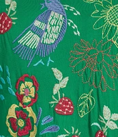 JOHNNY WAS Embroidered Floral Cotton Knit Crew Neck Short Sleeve Asymmetrical Ruffle Hem Dress